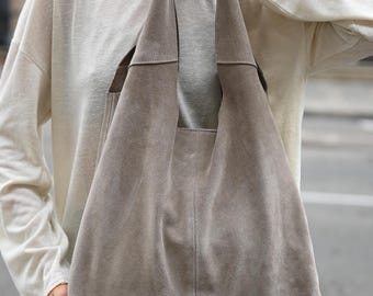 Mushroom Suede Large Hobo - Minimalist Slouchy Shoulder Bag, Soft Everyday Tote
