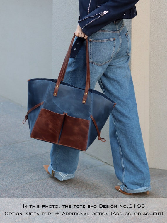 Large Leather Laptop Tote – Hook Clasp, Deep Navy Blue  display picture 1