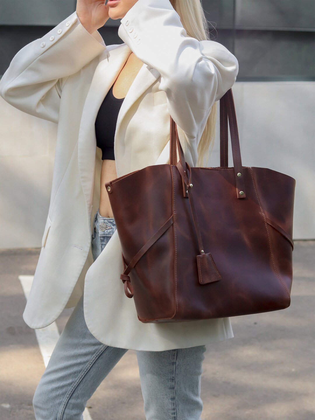 Distressed Leather Tote Bag for Everyday Use, Travel Tote Bag With