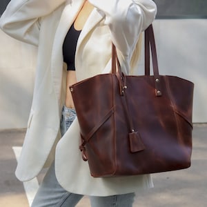 Sac fourre-tout en cuir vieilli pour un usage quotidien, sac fourre-tout de voyage avec pochette pour trolley, sac fourre-tout en cuir avec trousse de maquillage en option ou poches
