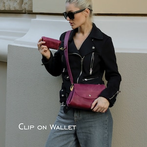 Leather crossbody bag with crossbody strap and Clip On Wallet or not, Women leather shoulder bags, Everyday purple crossbody leather bag image 4