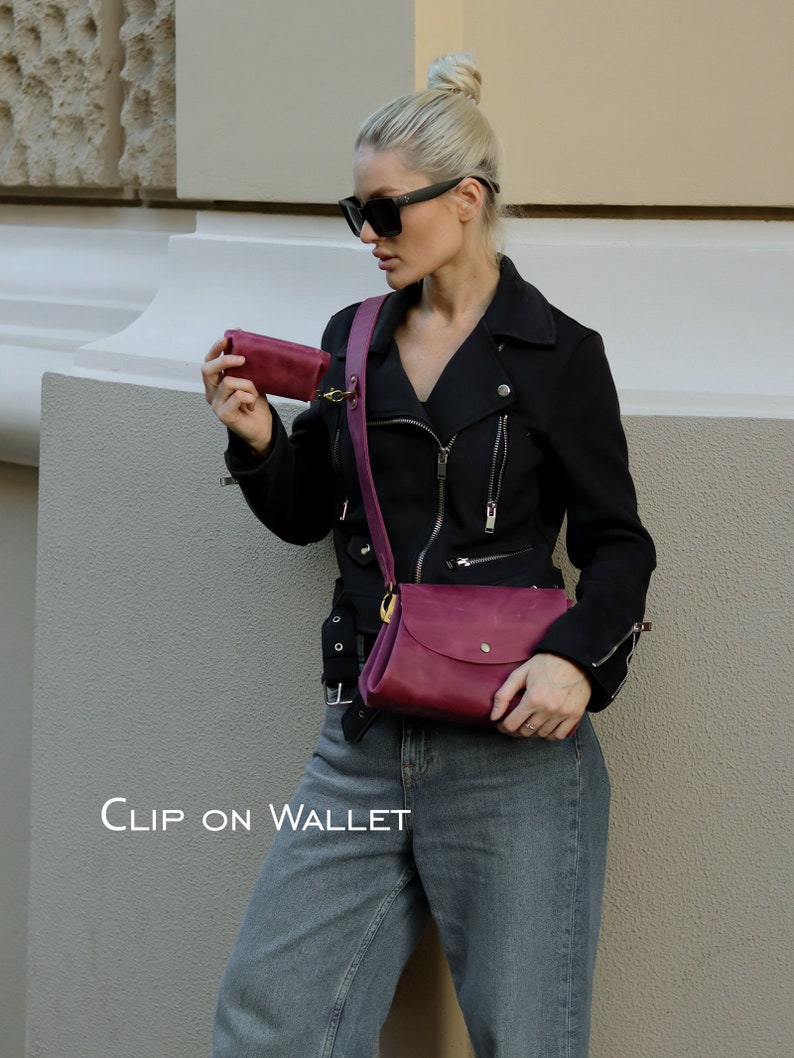 Leather crossbody bag with crossbody strap and Clip On Wallet or not, Women leather shoulder bags, Everyday purple crossbody leather bag image 4