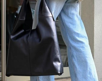Black Leather Hobo Bag - Large Slouchy Tote Bag, Soft Minimal Shoulder Bag, Everyday Leather Tote