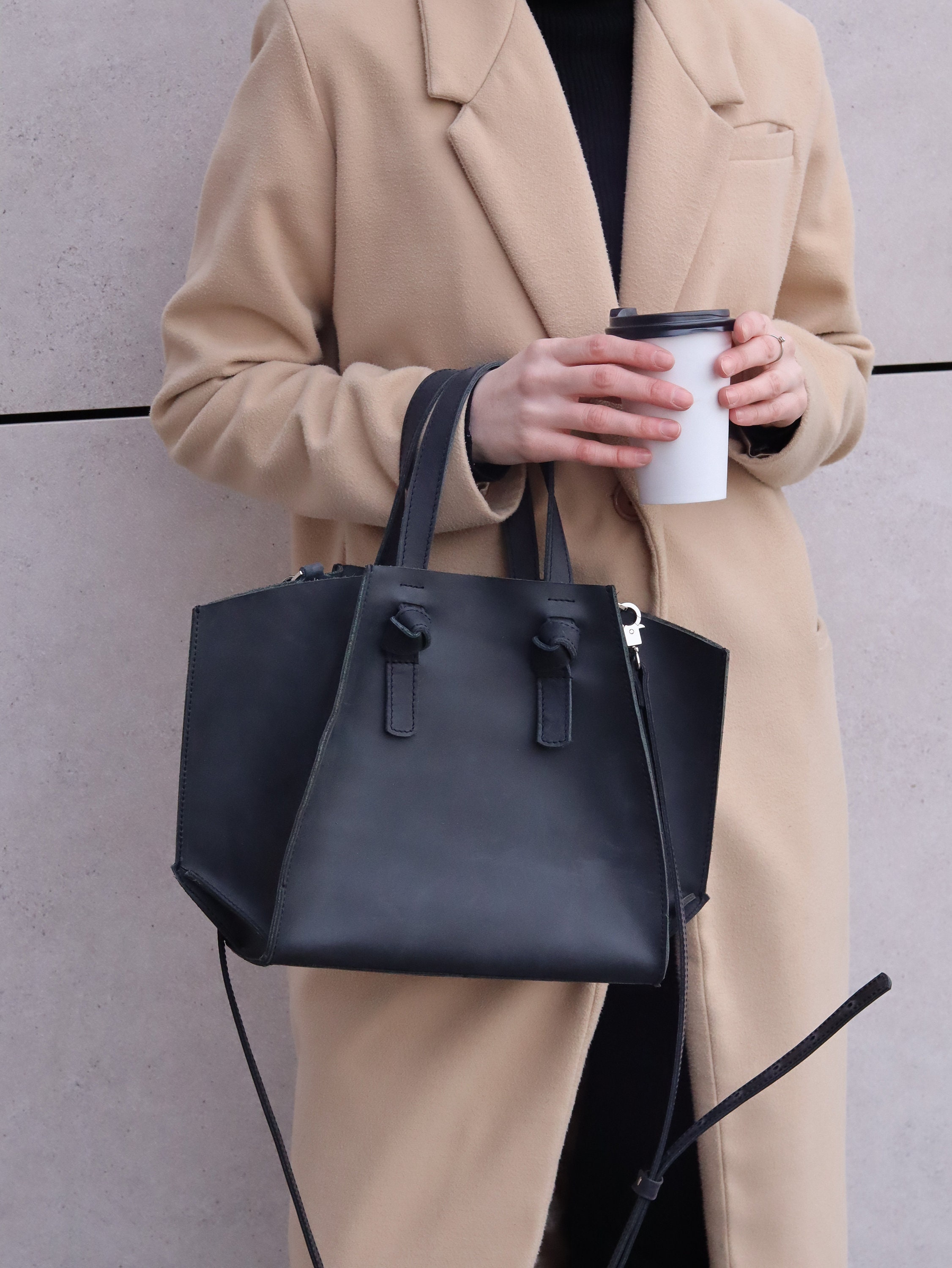 Black Small Tote With Crossbody Strap or Not Tote Leather Bag Personalized With Your Name Options Double Pocket or Double Zip Pocket. Etsy Canada