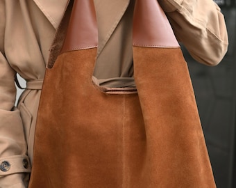 Warm Tan Mix Suede Hobo Bag - Large Slouchy Tote Bag, Soft Tan Shoulder Bag, Everyday Suede Tote