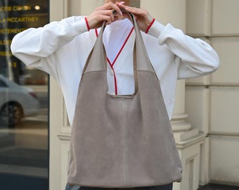 Mushroom Mix Suede Hobo Bag - Large Slouchy Tote Bag, Soft Shoulder Bag, Minimal Everyday Suede Tote
