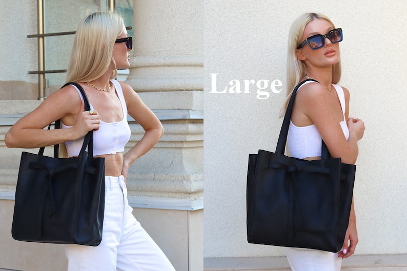May include: A large black leather tote bag with a bow detail. The bag is shown in two sizes, with the larger size labeled "Large".