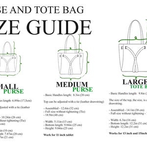 May include: A size guide for small, medium, and large purses and tote bags. The guide shows the dimensions of each bag in inches and centimeters, including the handle length, width, height, and bottom length. The guide also notes what size laptop or tablet each bag can fit.