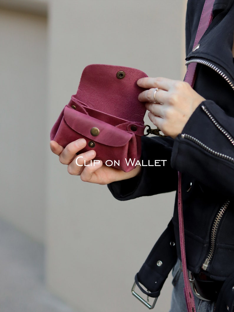 Leather crossbody bag with crossbody strap and Clip On Wallet or not, Women leather shoulder bags, Everyday purple crossbody leather bag image 7