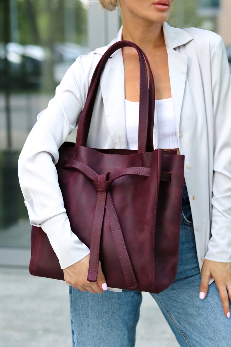 Leather tote bag, custom tote bags, tote bags for women, work bags for women, large leather tote bag, purple tote bag, personalized tote bag image 6