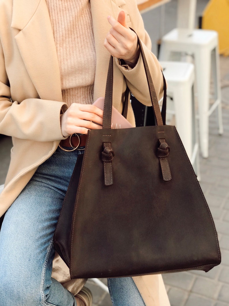 Leather tote bag, custom tote bags, personalized tote bags, large leather tote bag, womens leather tote bag, brown leather tote bag, handbag image 1