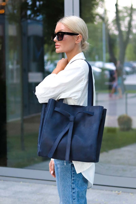 Navy Leather Tote Bag — Work Tote Handbag, Dark Blue Laptop