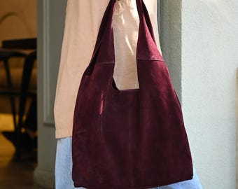 Merlot Suede Large Hobo - Slouchy Soft Shoulder Tote for Women, Work & Travel