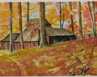Autumn landscape painting, rustic barn artwork, cabin in the woods, Fall wall decor, signed original painting, #234