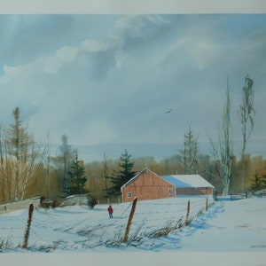 Red barn landscape artwork, Winter landscape painting, rural red barn, rustic barn watercolor painting, signed original artwork, #332