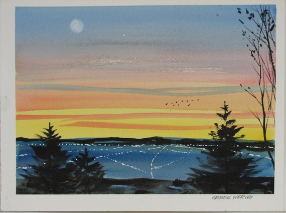 Coucher De Soleil Aquarelle Peinture Coucher De Soleil De Locéan Coucher De Soleil Lac Paysage Aquarelle Peinture Peinture Originale 205