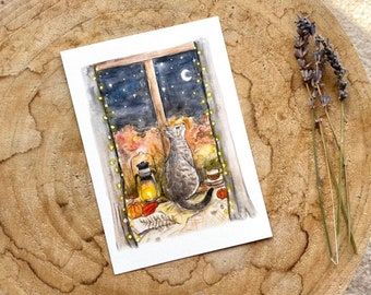 Postkarte Herbst Katze