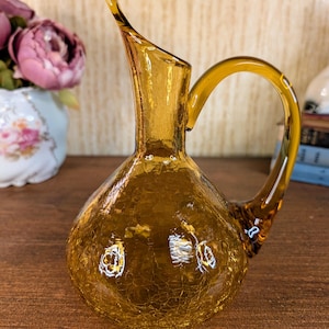 Vintage Blenko Style Amber Crackle Glass Ewer 8.5" Pitcher