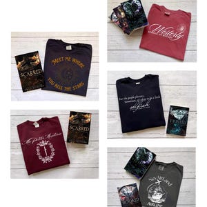 May include: A collection of t-shirts and books featuring various designs and titles. The t-shirts are in different colours, including maroon, black, and grey. The books have titles such as "Scarred", "Twisted", "Hooked", and "Westerly School of Botany".