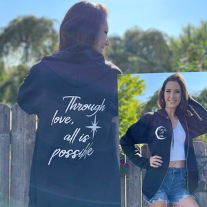 Licensed Danika Fendyr Jacket, Through Love All Is Possible Sweatshirt, Crescent City Merch, Bryce Quinlan Hunt Athalar, Pack of Devils