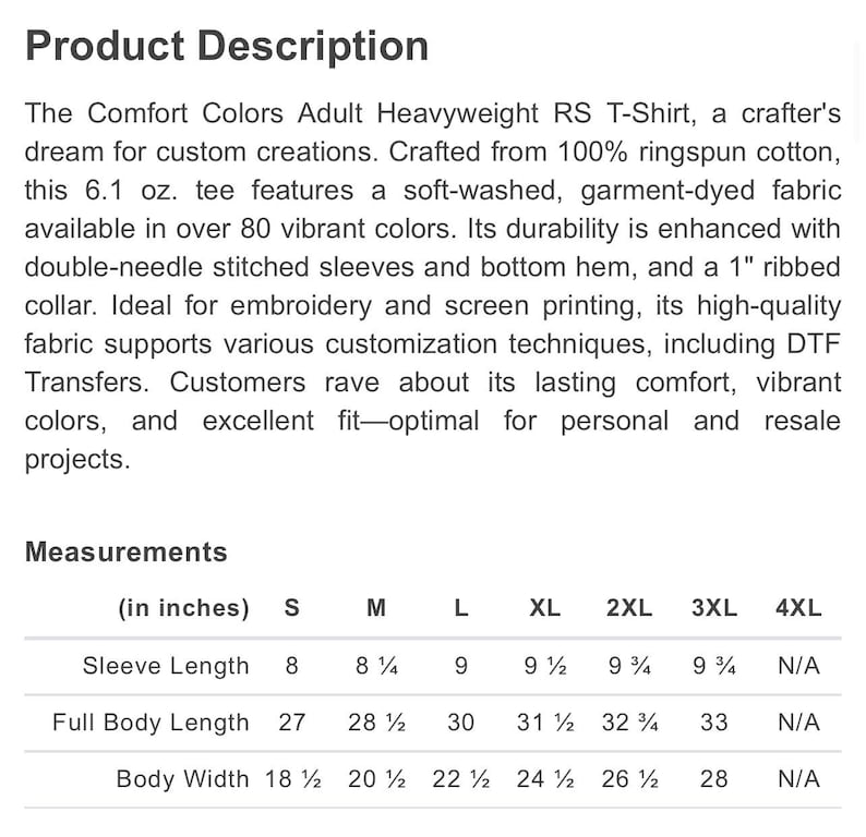 May include: A size chart for a heavyweight t-shirt made from 100% ringspun cotton. The chart shows measurements in inches for sleeve length, full body length, and body width. Sizes range from S to 4XL.