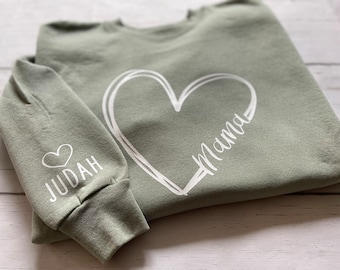 Personalized Mama Sweatshirt With Kids Names, Gift For Mom, Mama Crewneck, I Wear My Heart On My Sleeve, Aunt Crew, Kids names, Customized