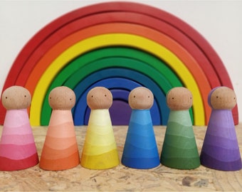 Conjunto de muñecas de clavija de madera hechas a mano / Rainbow Shades People / Finge & Juguete educativo