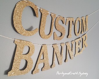 Custom Name Banner from Gold Glitter Felt Fabric - 4.0" Tall, First Birthday, Wedding, Baby shower, Personalize your banner, custom banners