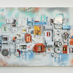 Graphic Junkyard - Mixed Media - eclectic art - Interior design - Found object art - Wall sculpture