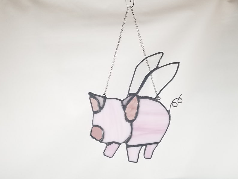 Curly Tail Pink and White Streaked Glass Piglet Gift Wrapping Available Pink Pig with Wings Stained Glass Sun Catcher Piggy Gift