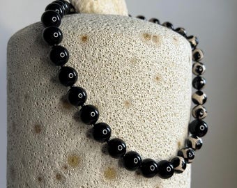 Black & White Tibetan Agate and Onyx Statement Necklace | Handmade Gemstone Jewelry