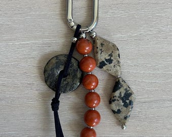Gemstone Bag Charm Keychain: Red Poppy Jasper  and Dalmation Jasper Beads with Donut Pendant