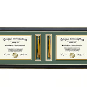 May include: A black frame with a gold trim surrounds two diplomas with gold seals and a gold tassel. The diplomas are on a green background with the text "College or University Name" and "Bachelor of Science in Business Administration".