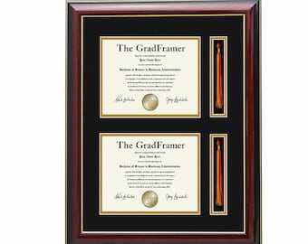 Double Diploma Frame with Two Tassel Holders, Mahogany Finish, Black Mat and Gold Accents