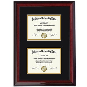May include: A mahogany wood frame with a black mat and two diplomas inside. The diplomas are for a Bachelor of Science in Business Administration from College or University Name. The diplomas are signed by the President and the Dean.