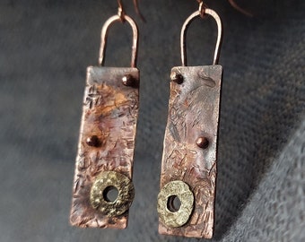 Hand made textured mixed metal copper and brass earrings