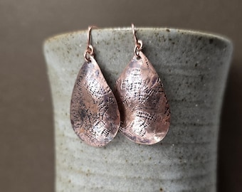 Textured upcycled hammered copper teardrop earrings