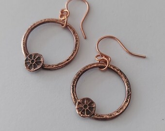 Copper hoop earrings with tiny copper flowers