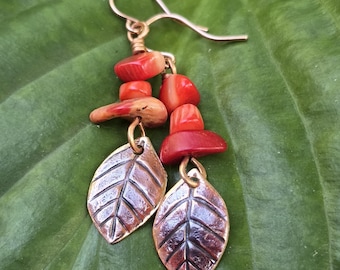 Leaf earrings handcrafted from copper and red orange stones