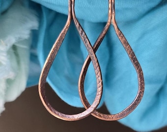 Large handcrafted, hammer textured copper teardrop earrings from salvaged copper