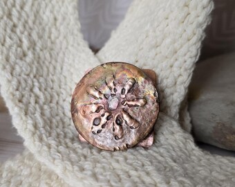 Handcrafted removable button for medium to heavy knits with hand hammered rustic flower image