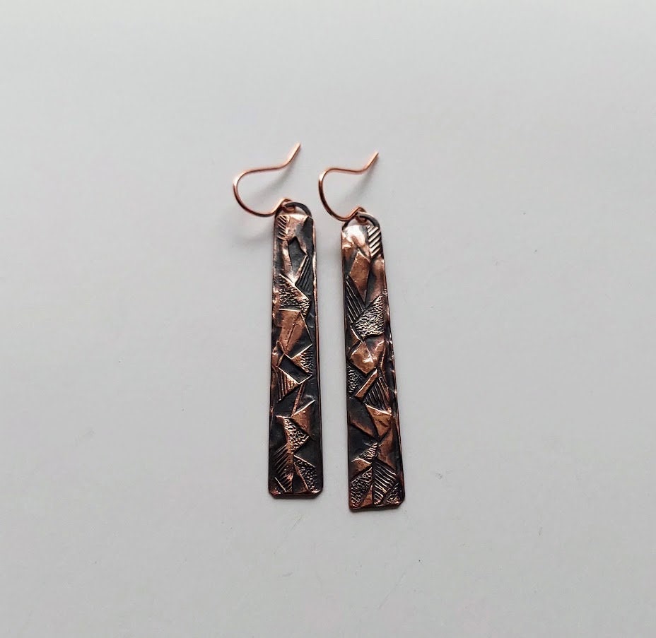 Textured Hammered Upcycled Copper Bar Earrings With Antique | Etsy