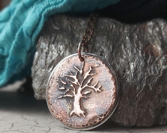 Hand painted tree pendant necklace in etched copper