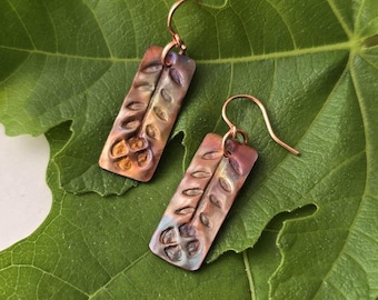 Dangling, hand hammered, embossed copper flower earrings