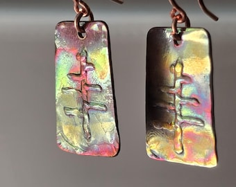 Minimalist tree earrings in flame painted copper