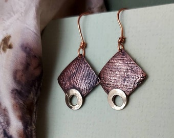 Circles on diamonds mixed metal copper and brass artisan earrings