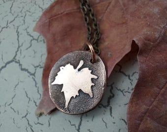 Small maple leaf pendant charm necklace in copper