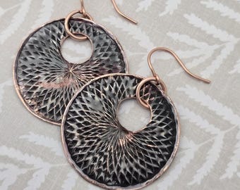 Handcrafted round starburst copper earrings with large holes