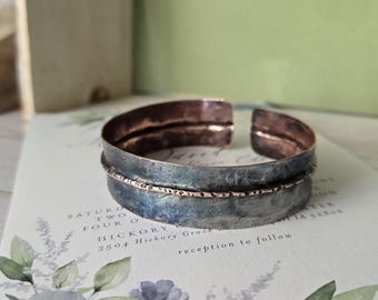 Blue copper fold formed cuff bracelet