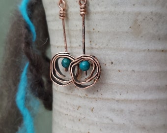 Copper bird nest swirl earrings with teal beads